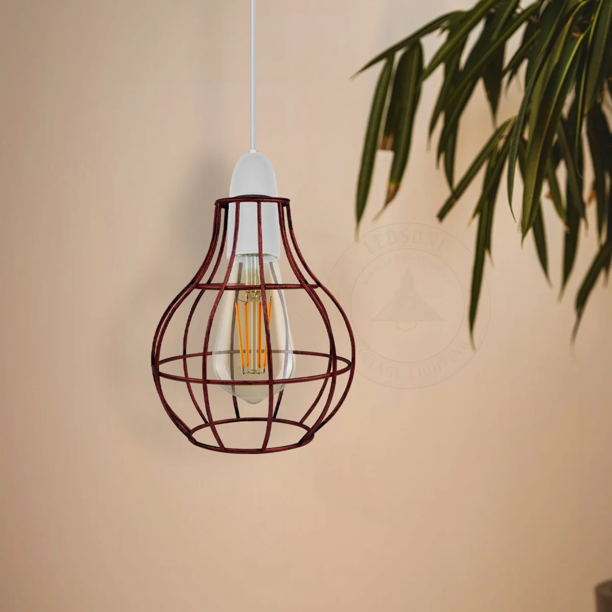Red metal wire vase shaped pendant light shade with industrial design, made from durable iron material