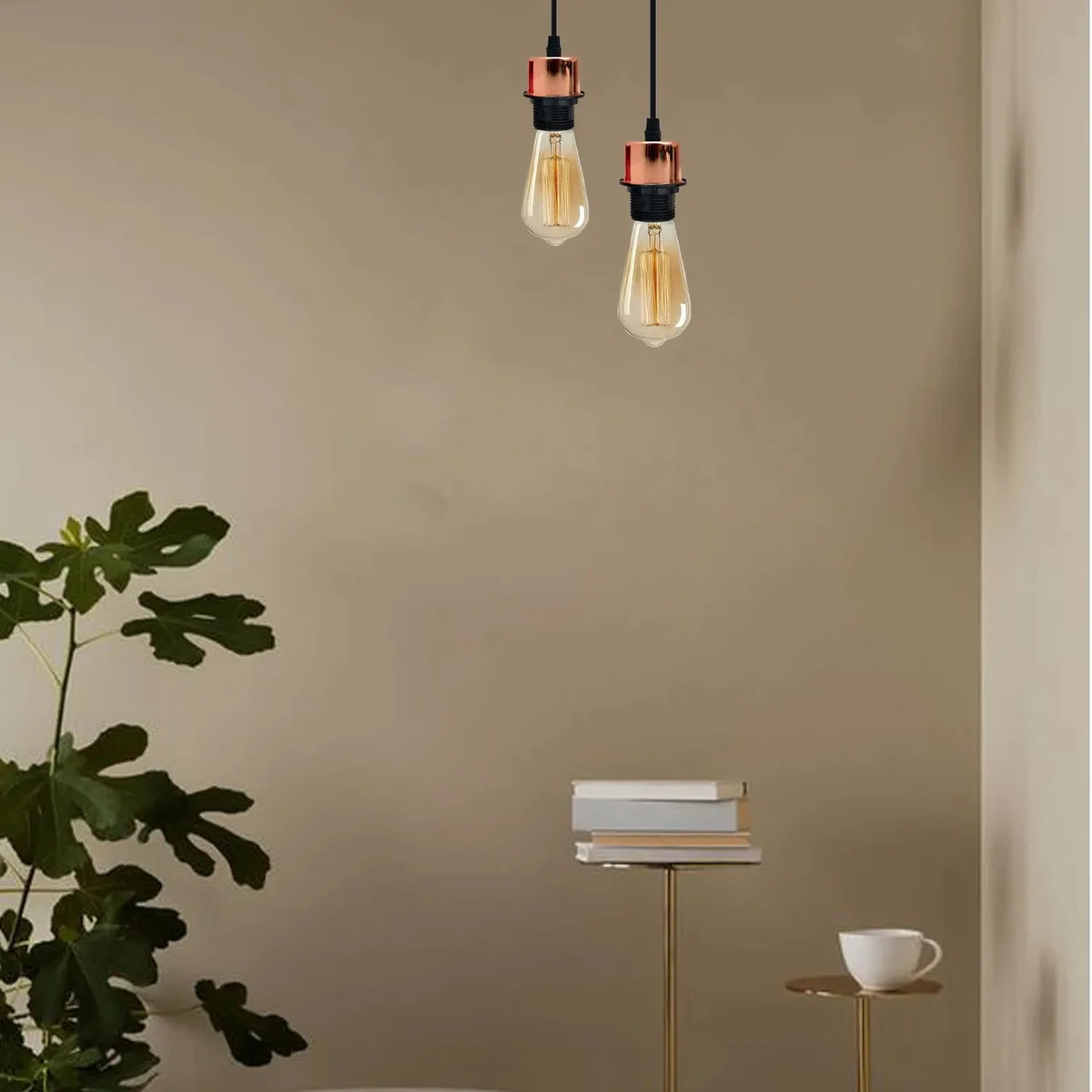 Rose gold vintage pendant light with adjustable cable pendant and E27 lamp holder hanging from ceiling rose fitting
