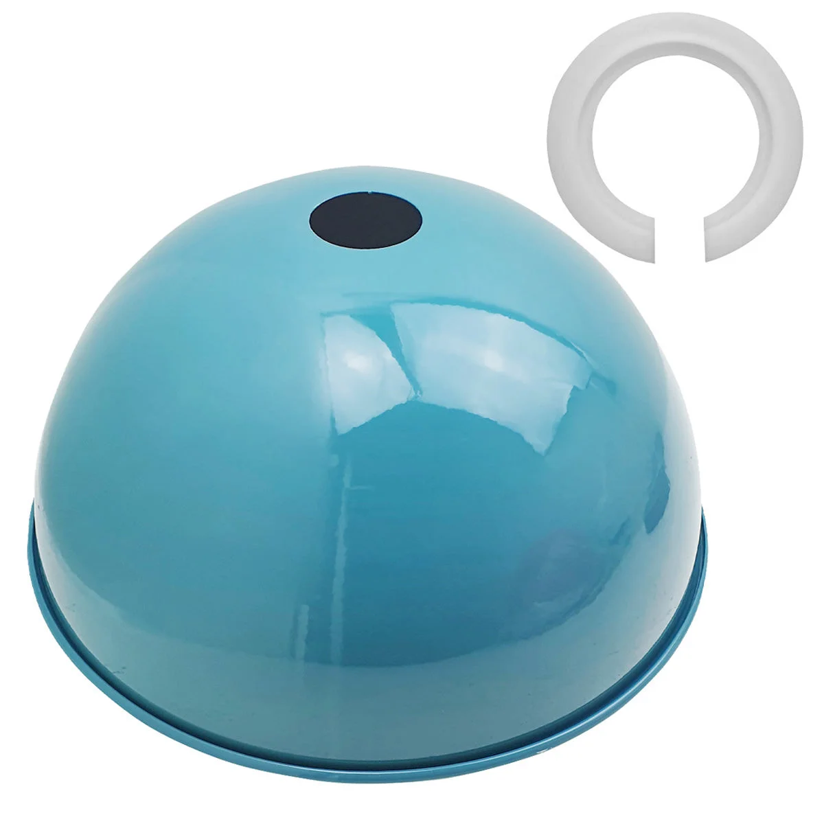Light blue retro metal dome pendant light angled over kitchen island lighting with brushed nickel finish and white interior