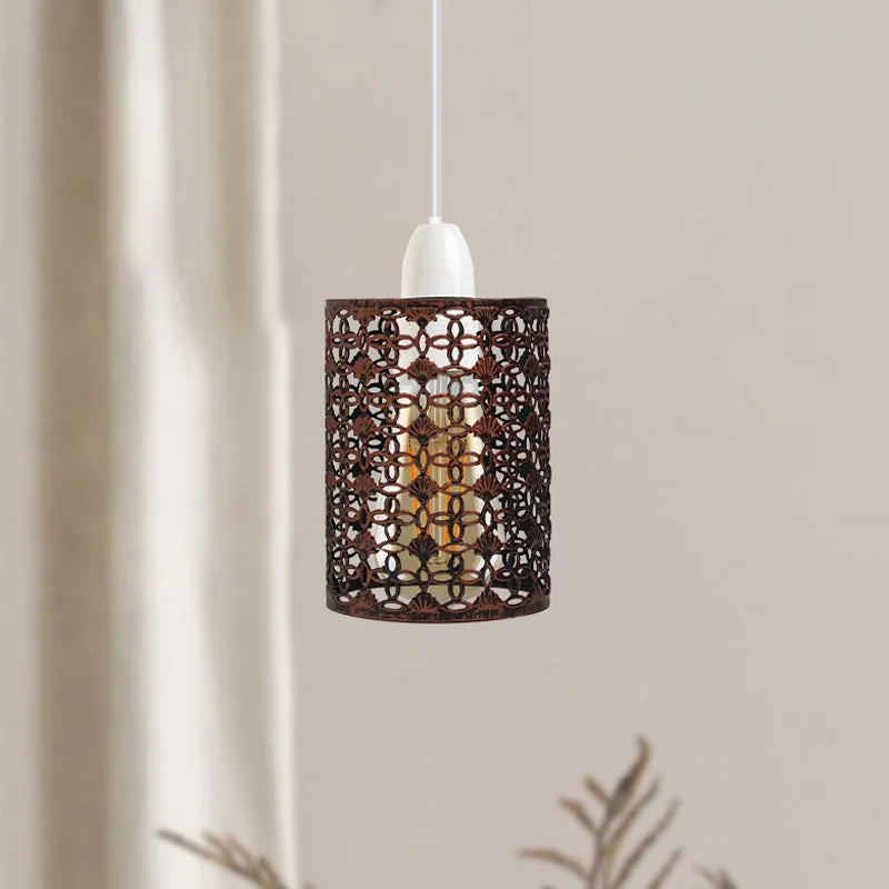 Rustic red lamp shade with modern metal drum design and E27 base, perfect for pendant lighting in home decor