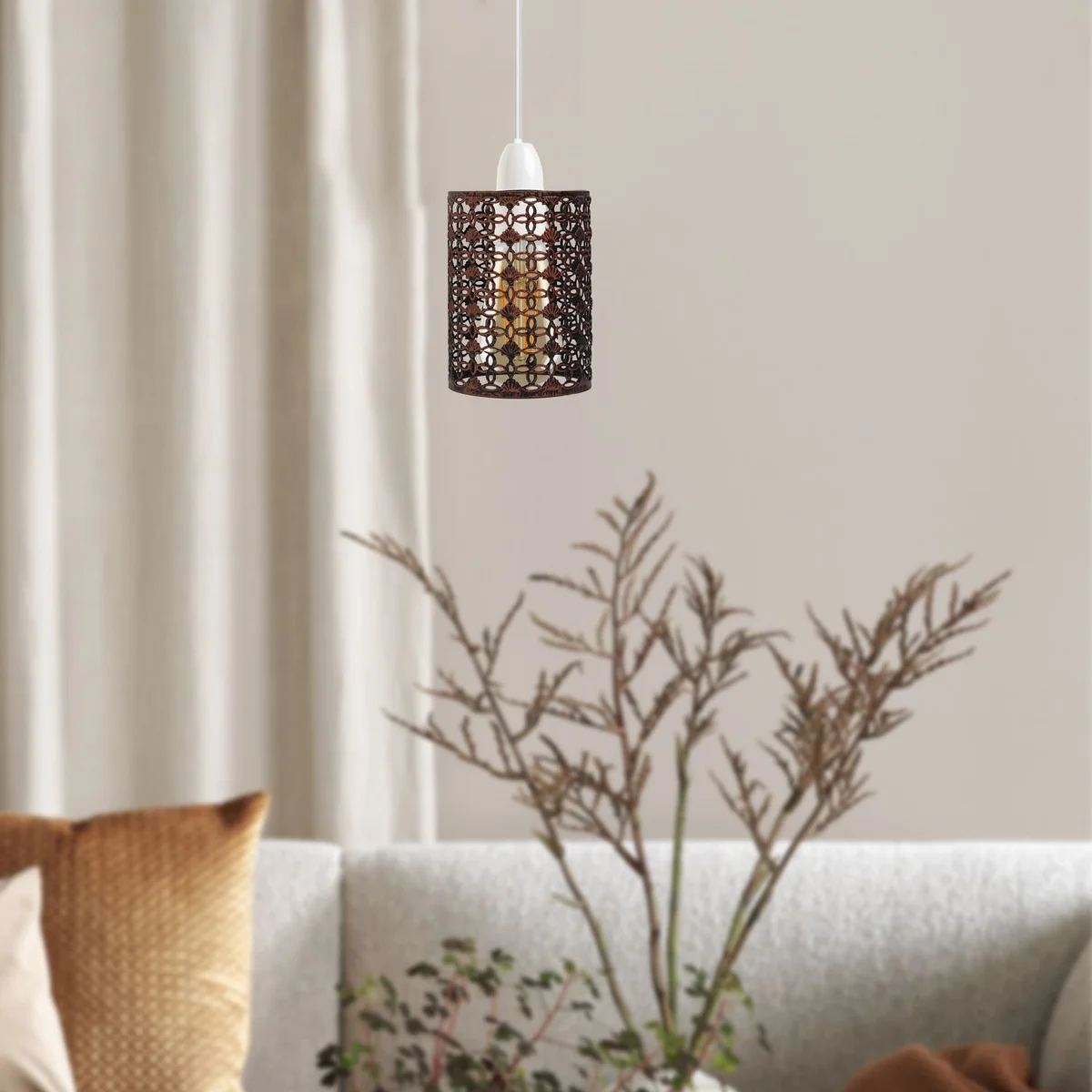 Rustic red modern metal lampshade in drum shape with cord pendant and E27 base for home decor lighting