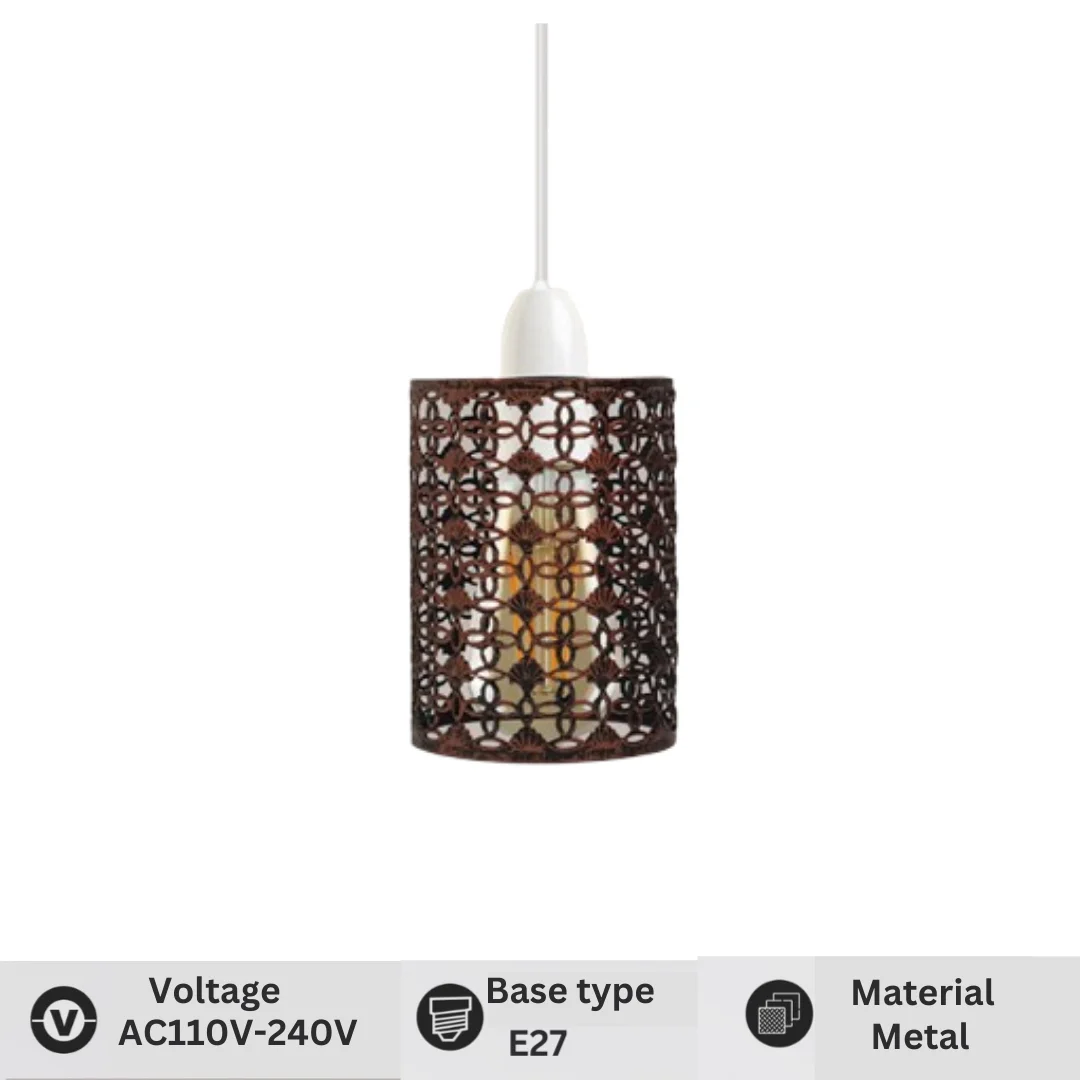 Rustic red cord pendant lamp shade with modern metal cage design, suitable for E27 bulb, suspended by black cord