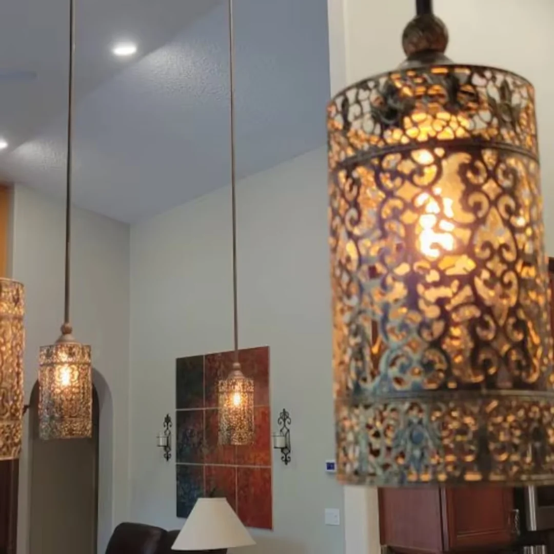 Drum shaped ceiling light with metal wire cage in brushed copper finish, easy fit design for indoor use.