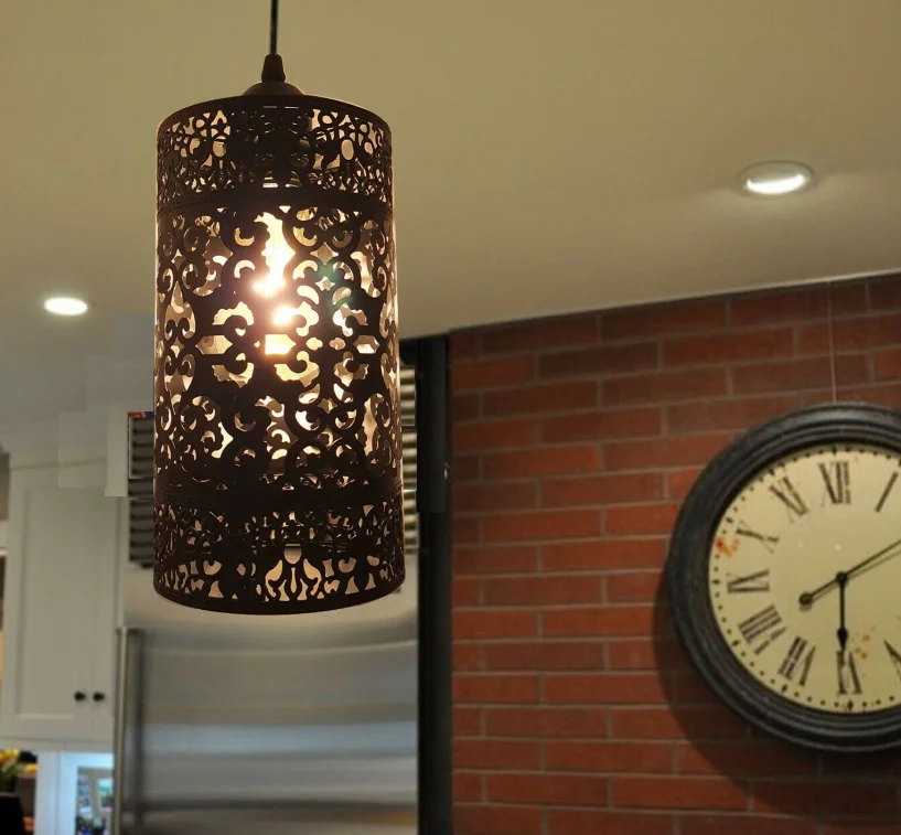Modern industrial drum metal wire cage lampshade in brushed copper with E27 bulb lampshade fitting visible