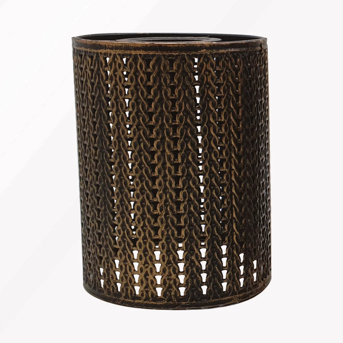 Black metal wire drum cage lampshade shown from side angle, modern industrial pendant design with open frame for light flow