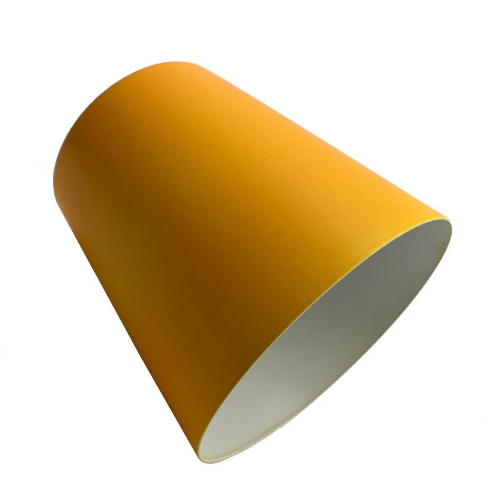 Modern yellow metal mug-shaped easy fit ceiling light shade with E27 base, shown from side angle on white background