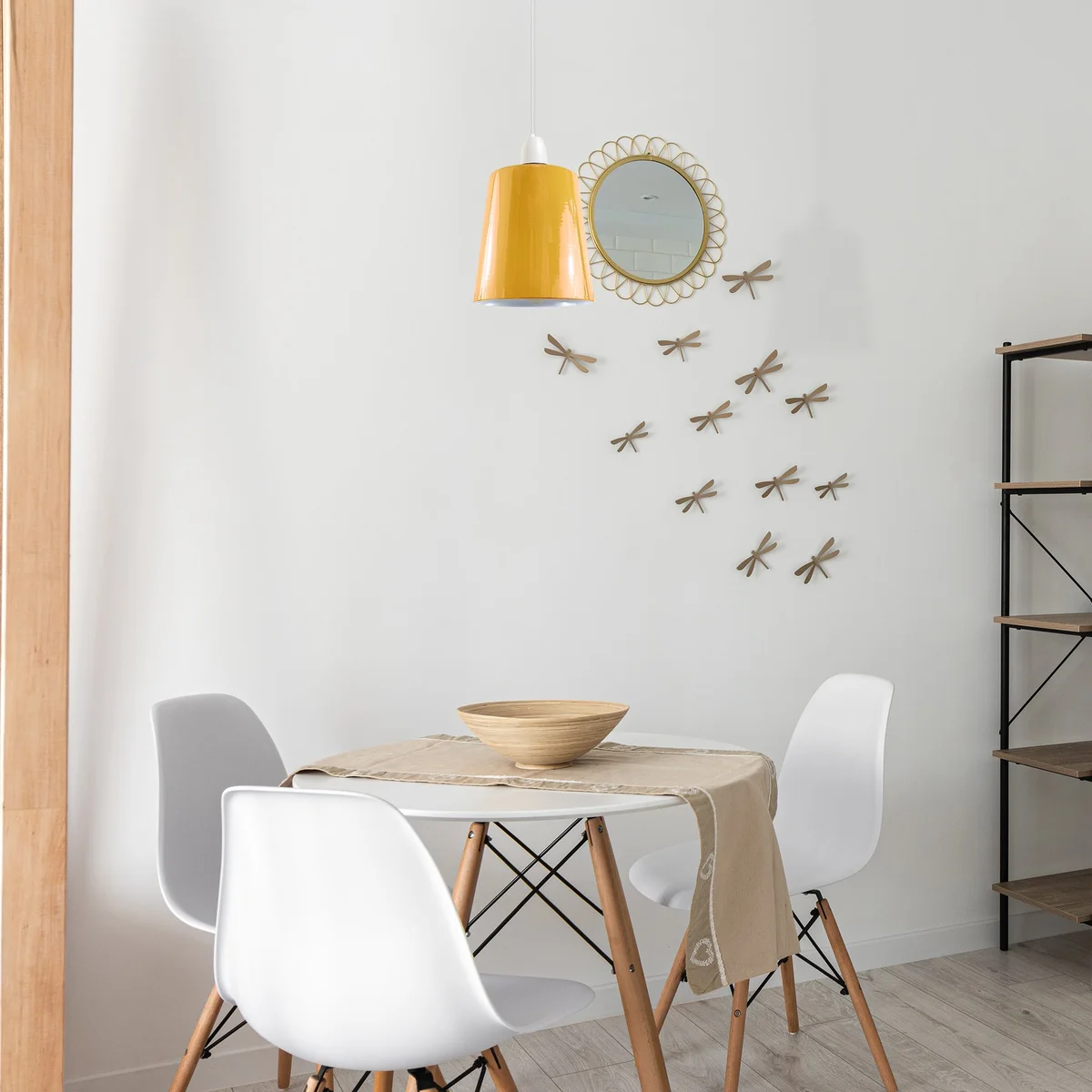 Yellow modern metal mug light shade with easy-fit E27 base shown from side angle on white background