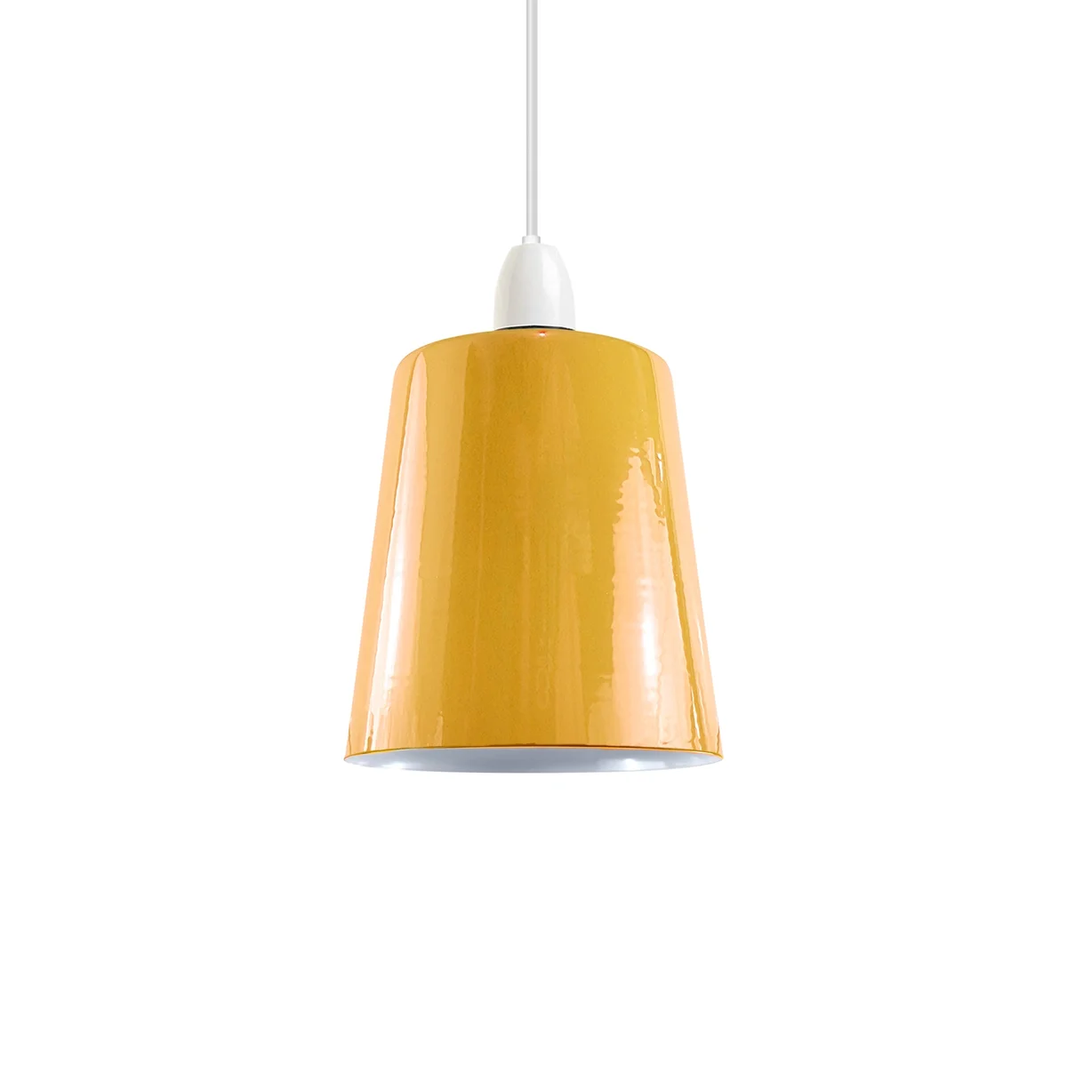 Yellow industrial style pendant light shaped like a mug with easy-fit E27 metal shade, modern vintage design