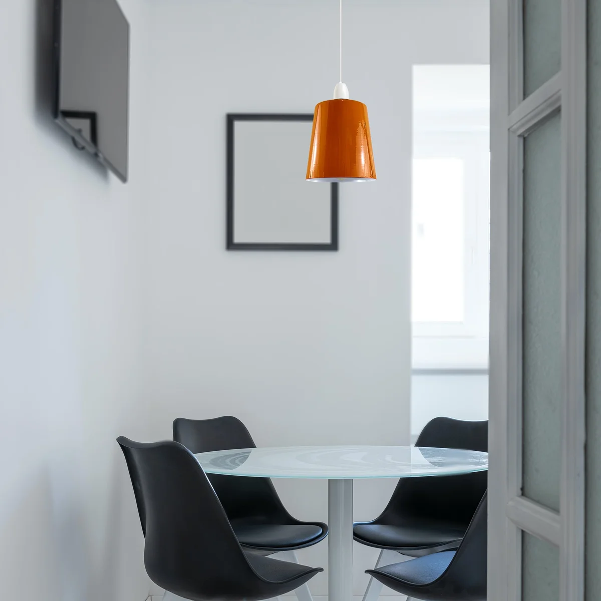 Orange retro metal indoor ceiling lampshade 13cm diameter with E27 fitting shown from side angle