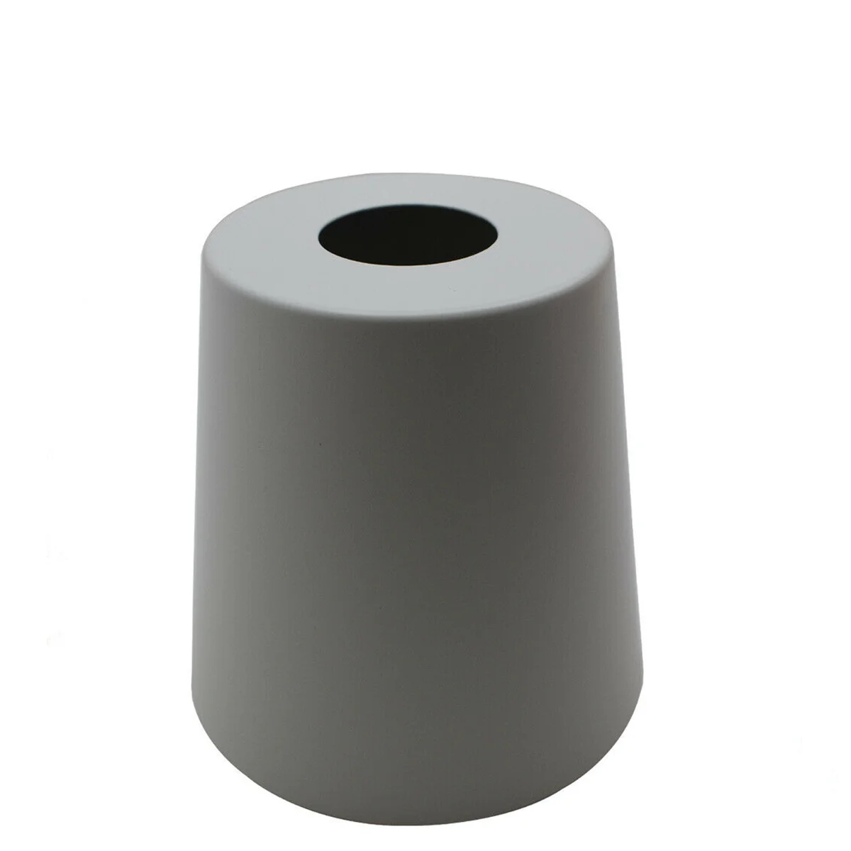 Mug‑shaped metal lampshade in modern ash grey, diameter 15cm, fitting E27, displayed hanging as a pendant.