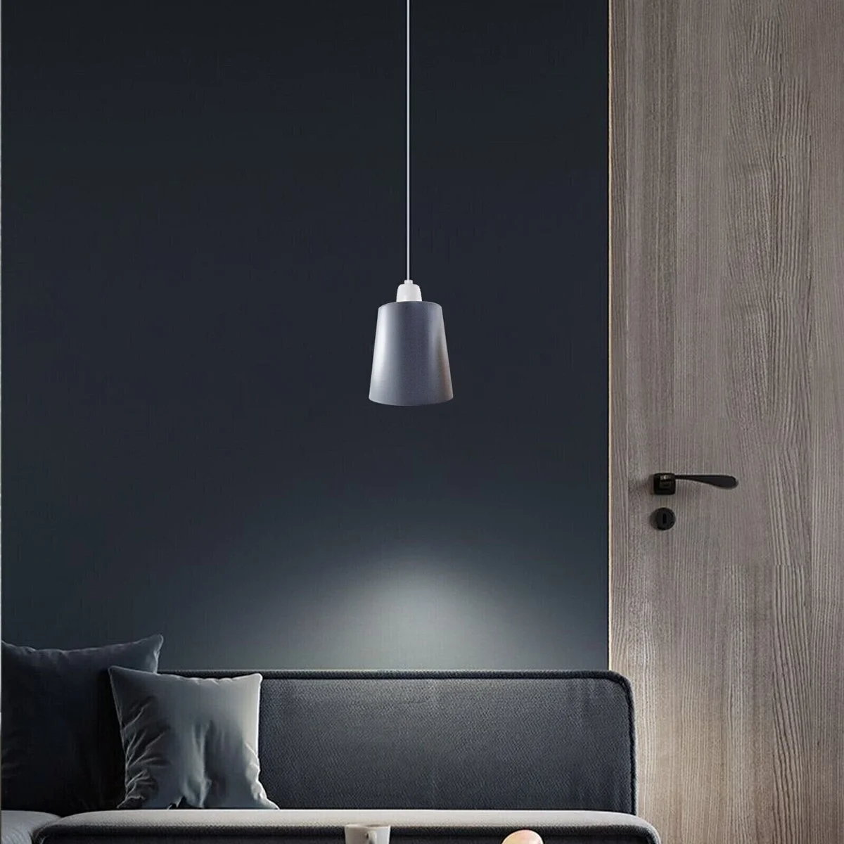 Grey metal pendant lampshade, mug‑shaped with ash grey finish, 15cm diameter, sleek modern design.