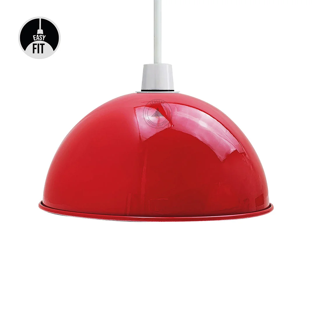 Red modern ceiling pendant with sleek dome shape, brushed nickel finish, and white interior for enhanced illumination