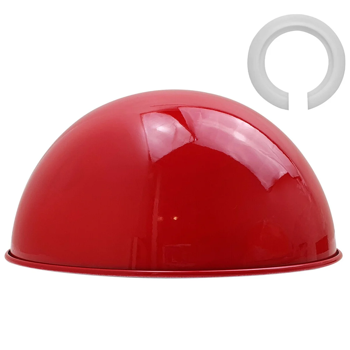 Red modern dome easy fit lamp shade with brushed nickel finish and white interior, angled for sloped ceilings, 30cm diameter