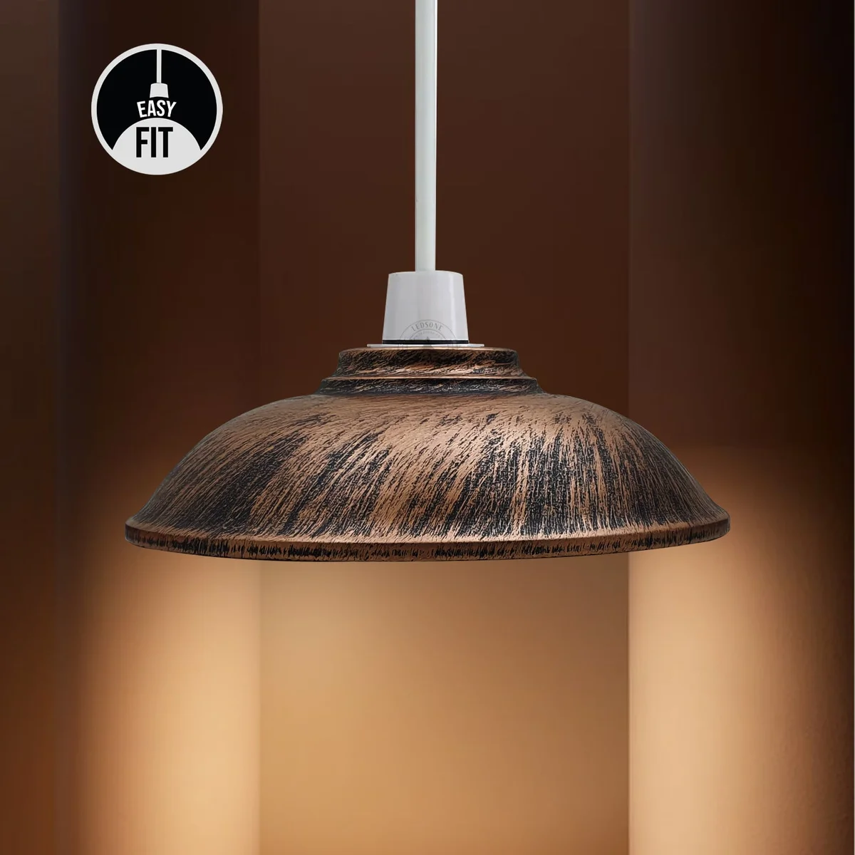 Rustic copper pendant light shade with brushed copper finish and half round metal design, easy to fit, no wiring needed
