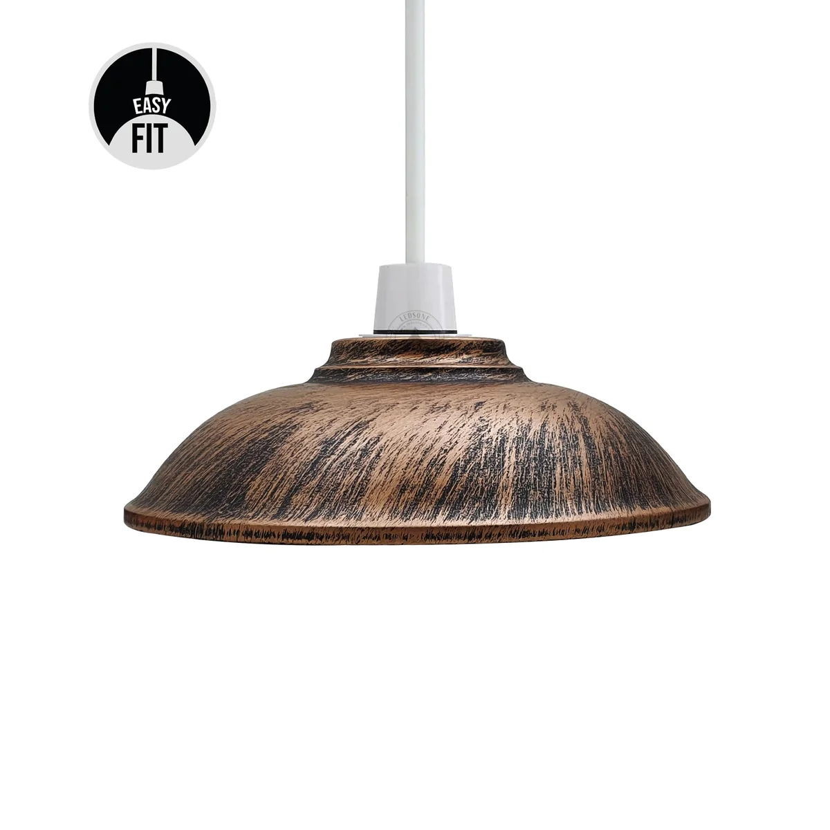 Rustic brushed copper industrial pendant light shade with half round metal design, easy fit, no wiring required, 24cm wide