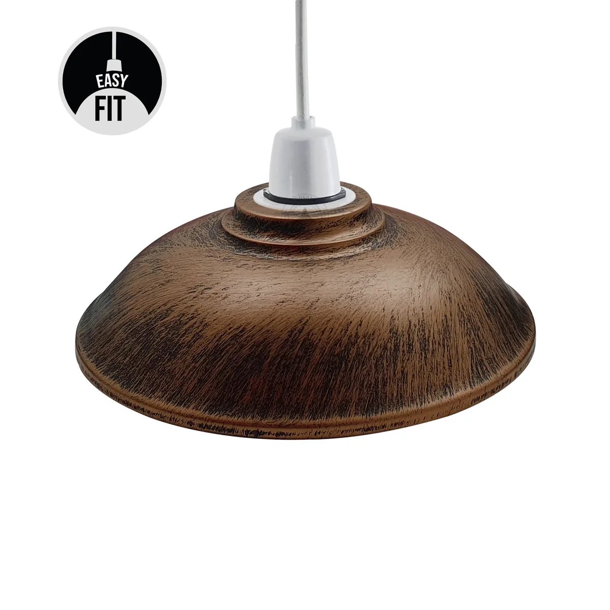 Rustic copper pendant light shade with brushed copper finish, half round metal design, easy fit without wiring, 24cm wide