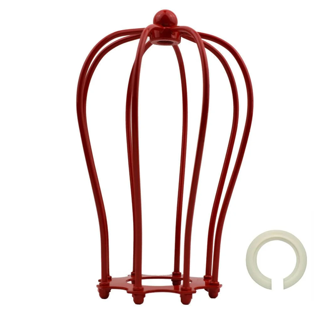 Red metal wire cage lampshade with vintage industrial design, easy fit for E27 bulb, bold red finish, ceiling mounted.