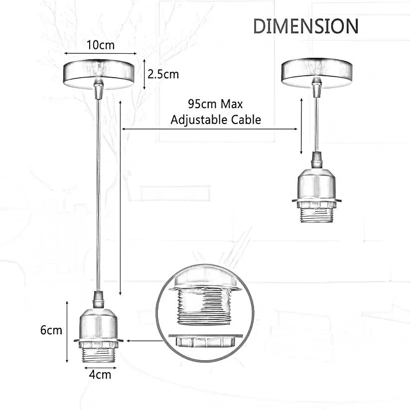 Vintage style adjustable ceiling fixture with metal pendant light holder and 95cm black cable, compatible with E27 bulbs