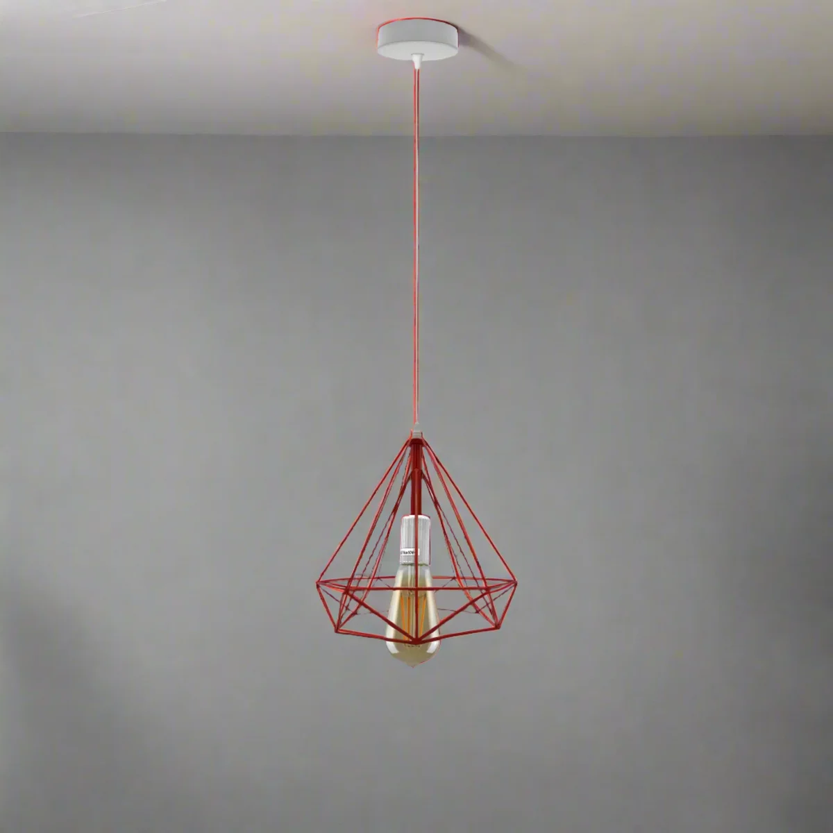 Red metal vintage pendant ceiling light with rectangular cage shade and 95cm hanging cable, suitable for E27 bulbs