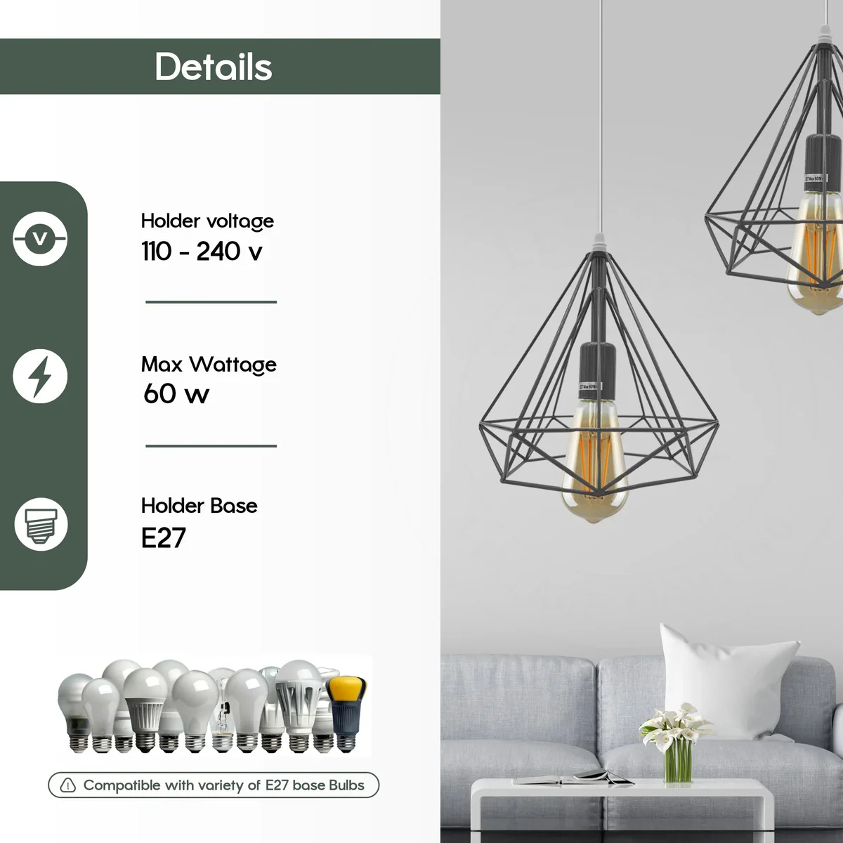 Red metal rectangular cage dimmable pendant lamp with E27 bulb holder hanging from ceiling cable