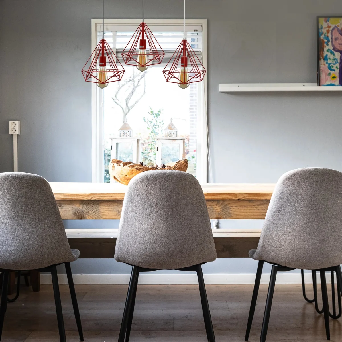 Red metal rectangle cage pendant lamp with E27 bulb, hanging indoor pendant lighting with vintage style and 95cm cable