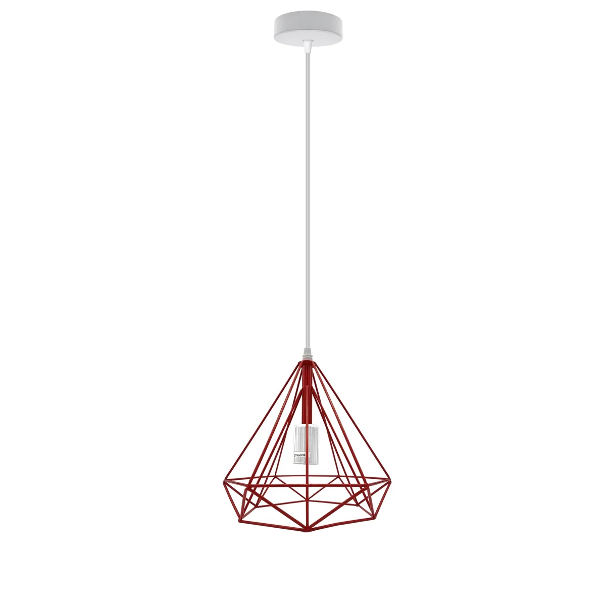 Red metal vintage pendant ceiling light with rectangular cage shade hanging from ceiling with visible cable and E27 bulb socket