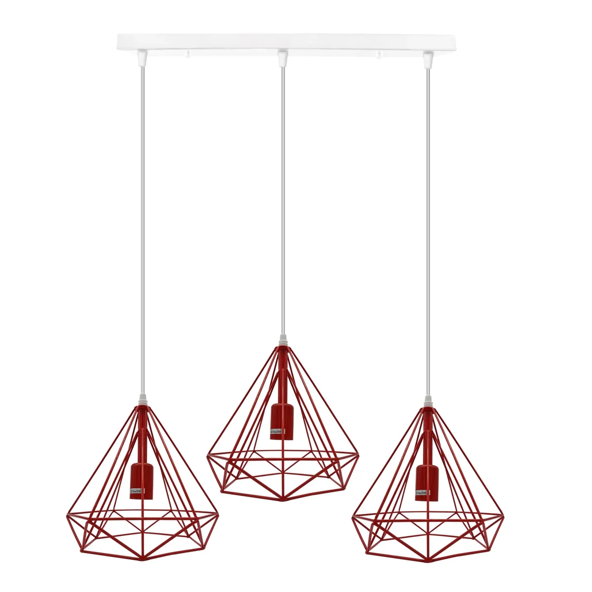 Red metal vintage pendant ceiling light with rectangular cage shade hanging from ceiling in loft style setting