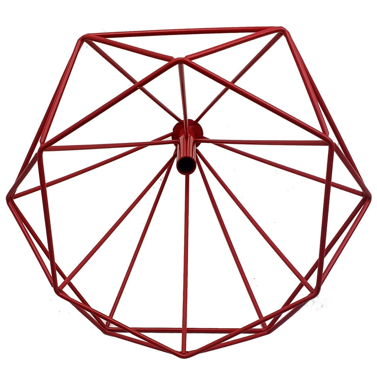 Red geometric wire cage pendant light in painted gloss metal, showcasing a contemporary ceiling light design