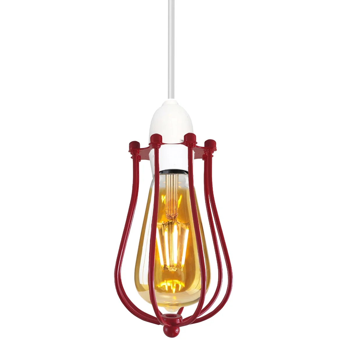 Red metal ceiling pendant light with vintage balloon wire cage design, ceiling-mounted with reducer plate included
