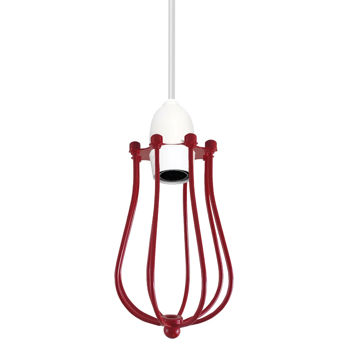 Red balloon wire cage easy fit ceiling lampshade with metal vintage industrial design, shown mounted indoors