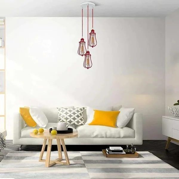 Red industrial pendant lampshade with vintage balloon wire cage design, metal construction, and ceiling mount fitting