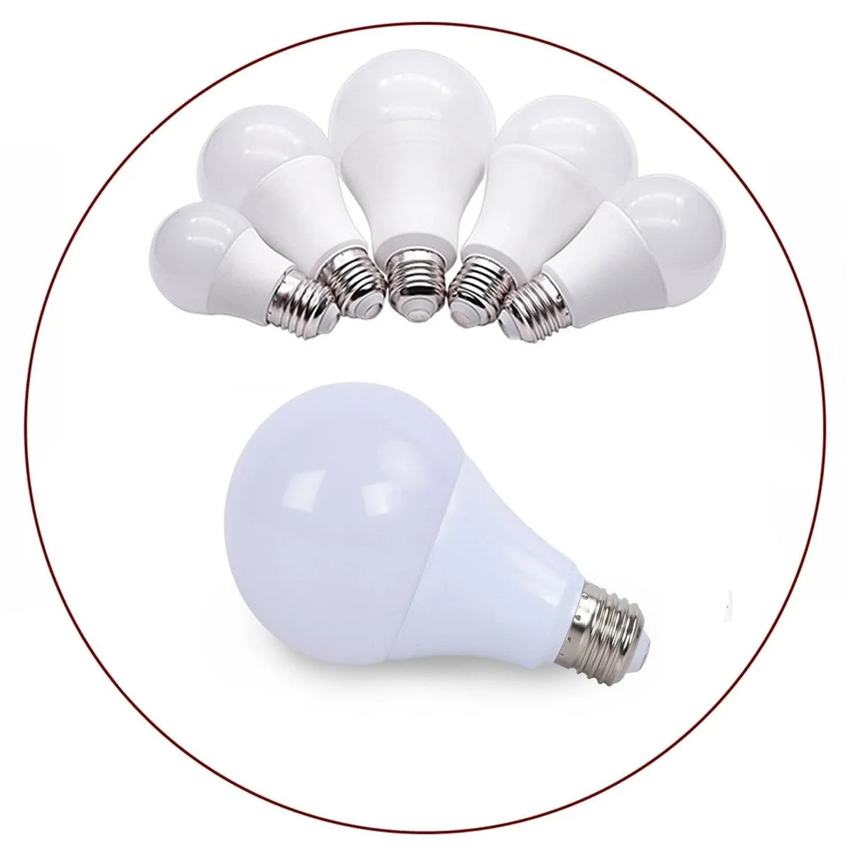 Pack of five LED E27 bulbs with A60 shape, daylight white light, designed for indoor use in homes and offices