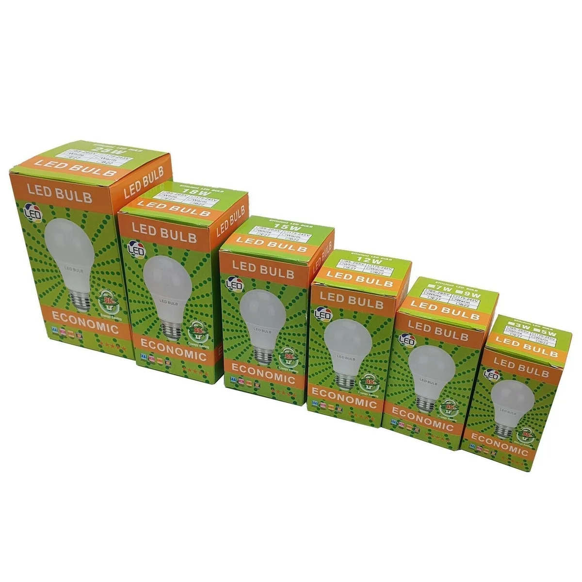 Pack of five A60 E27 LED bulbs for home with cool white 6000K light and modern-traditional design