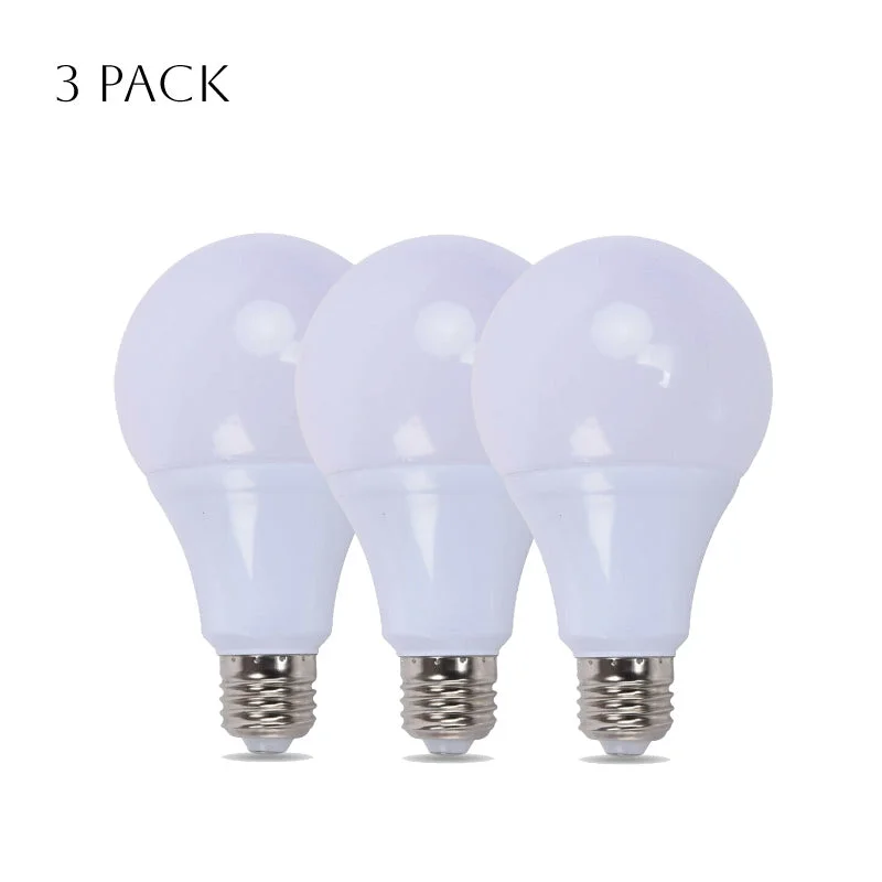 Five LED E27 bulbs with A60 shape emitting daylight white light, shown against a plain background