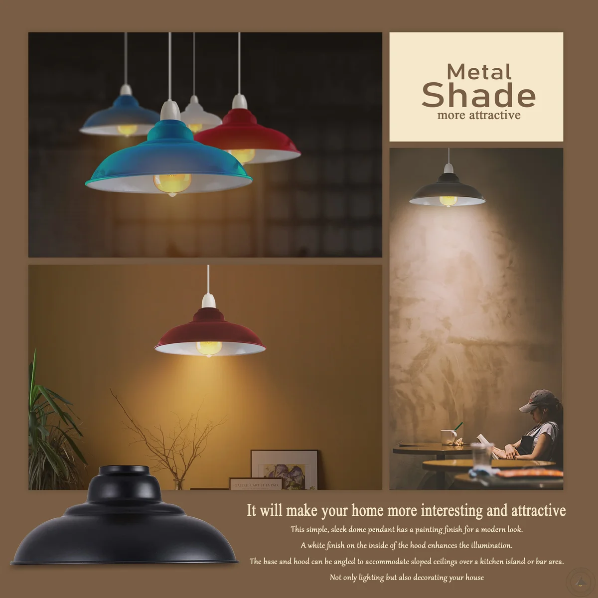 Glossy black industrial ceiling lamp shade with semi-curvy metal design and white interior, 32cm diameter, vintage style