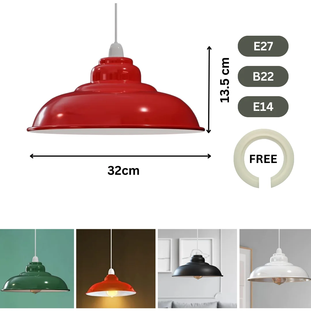 Glossy black metal pendant lamp shade with semi-curvy shape and white interior, 32cm diameter, vintage style ceiling light