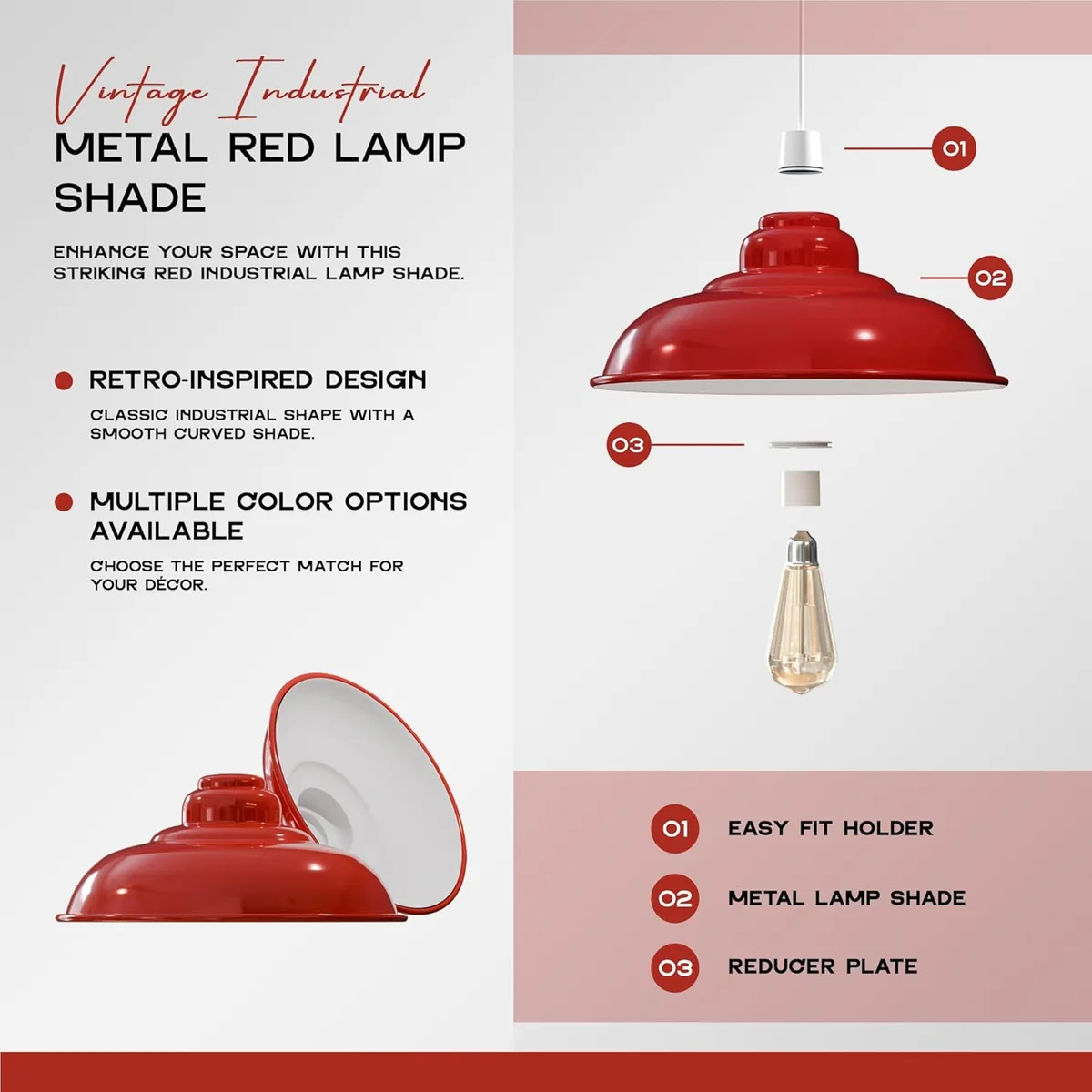 Black metal semi-curvy ceiling light shade with white interior, 32cm diameter, vintage industrial style hanging lamp shade