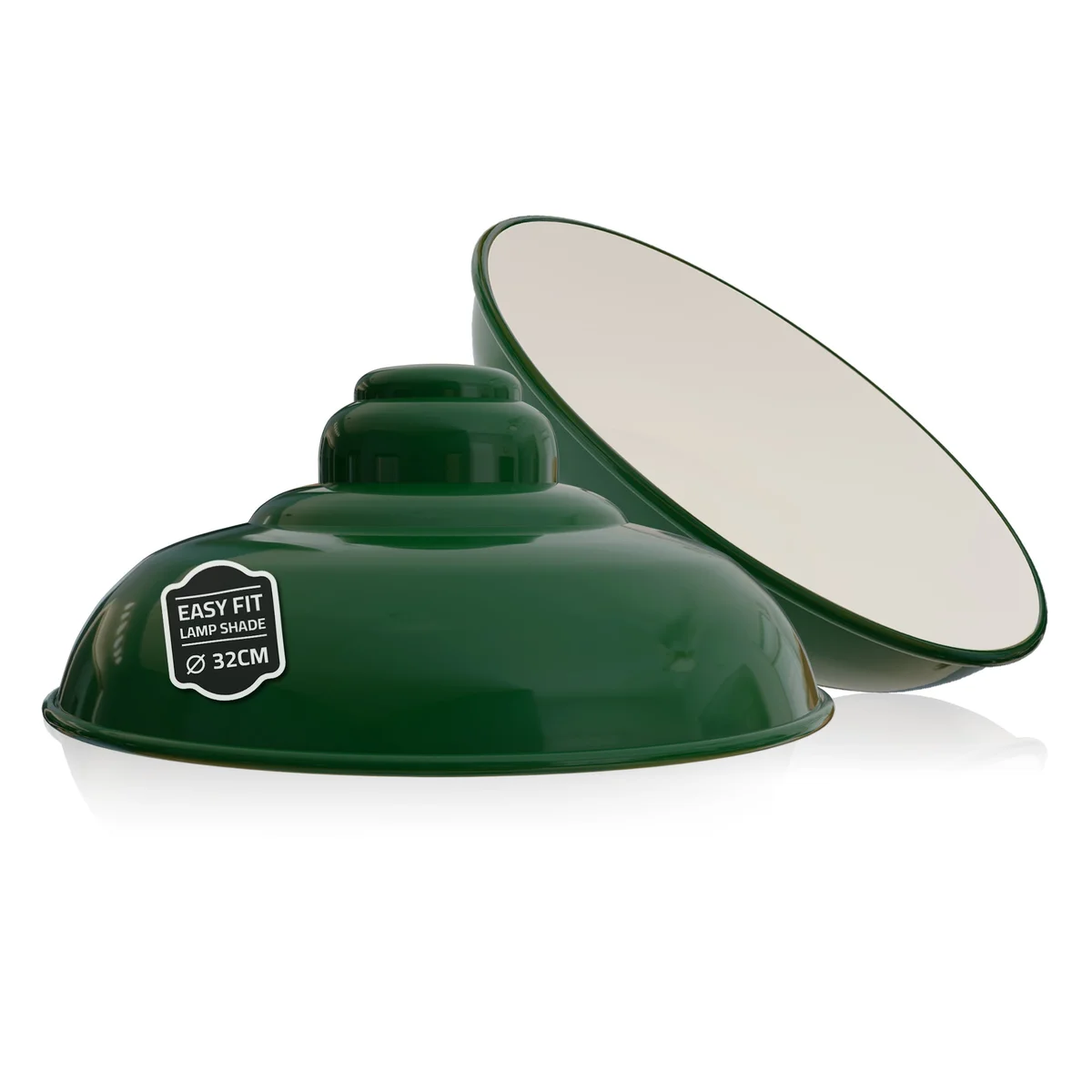 Industrial ceiling lamp shade in matte black metal with semi-curvy design and white inner finish hanging indoors