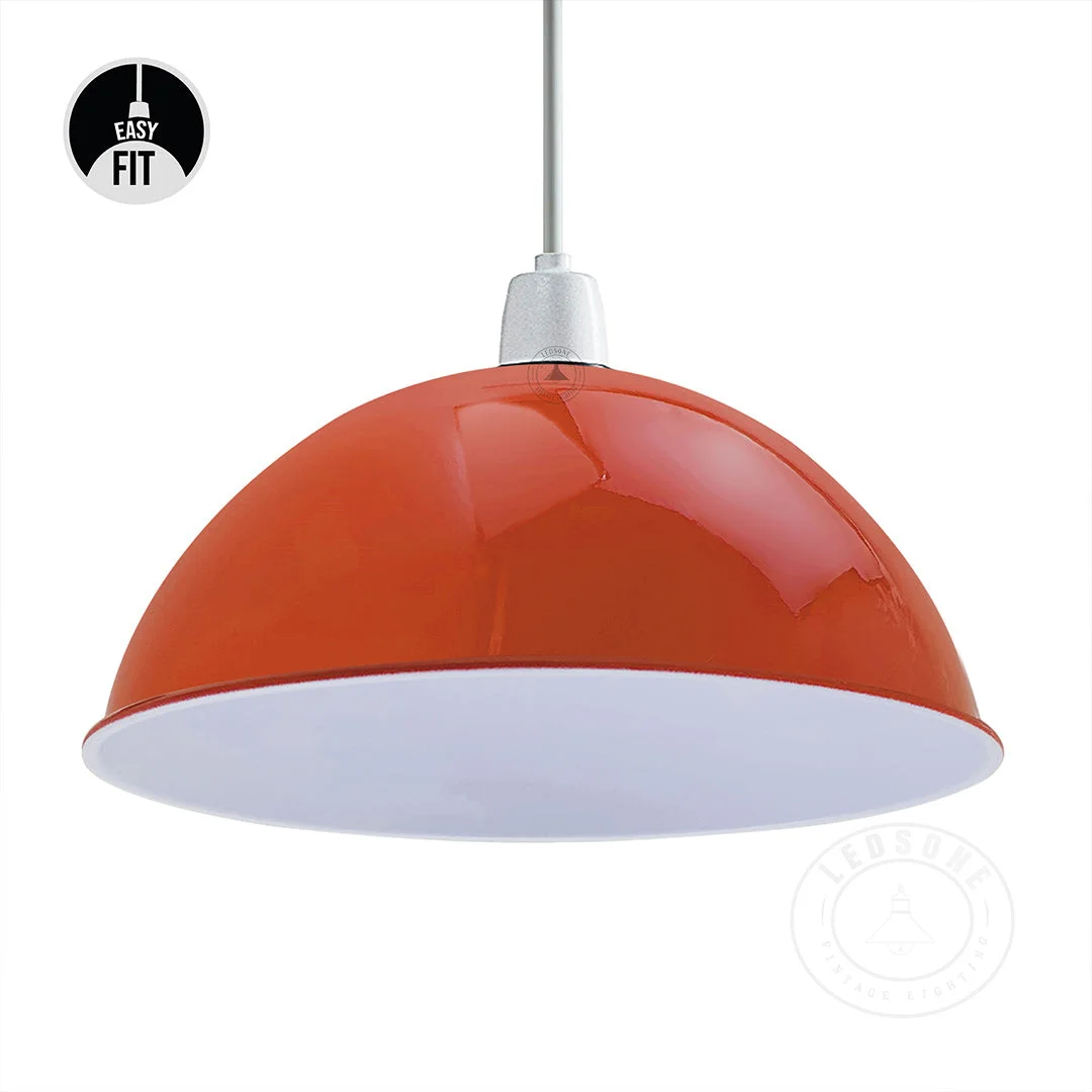 Orange metal dome ceiling light shade with brushed nickel finish and white interior, 30cm diameter, 17cm height
