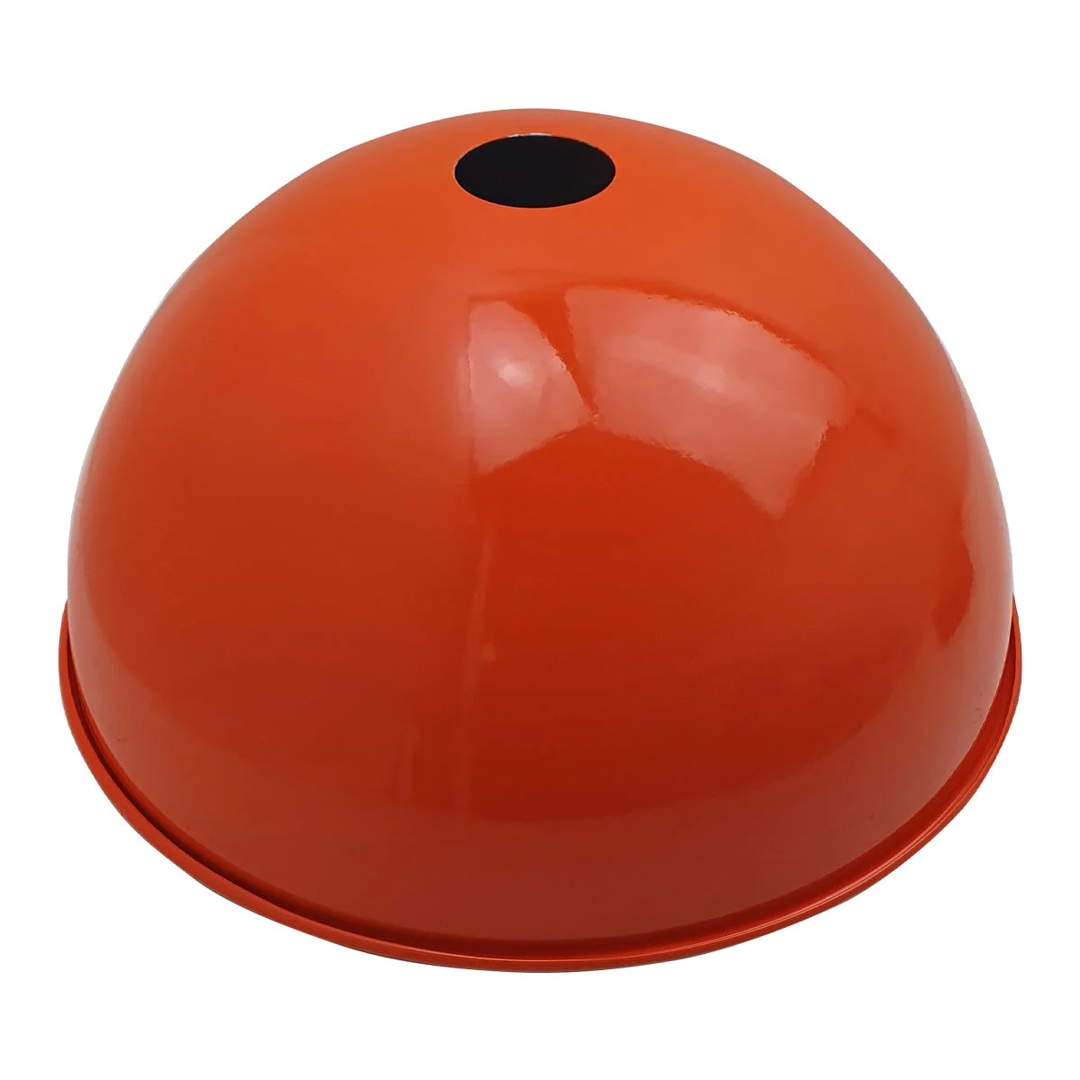 Orange metal dome sloped ceiling light shade with brushed nickel finish and white interior, 30cm diameter, 17cm height