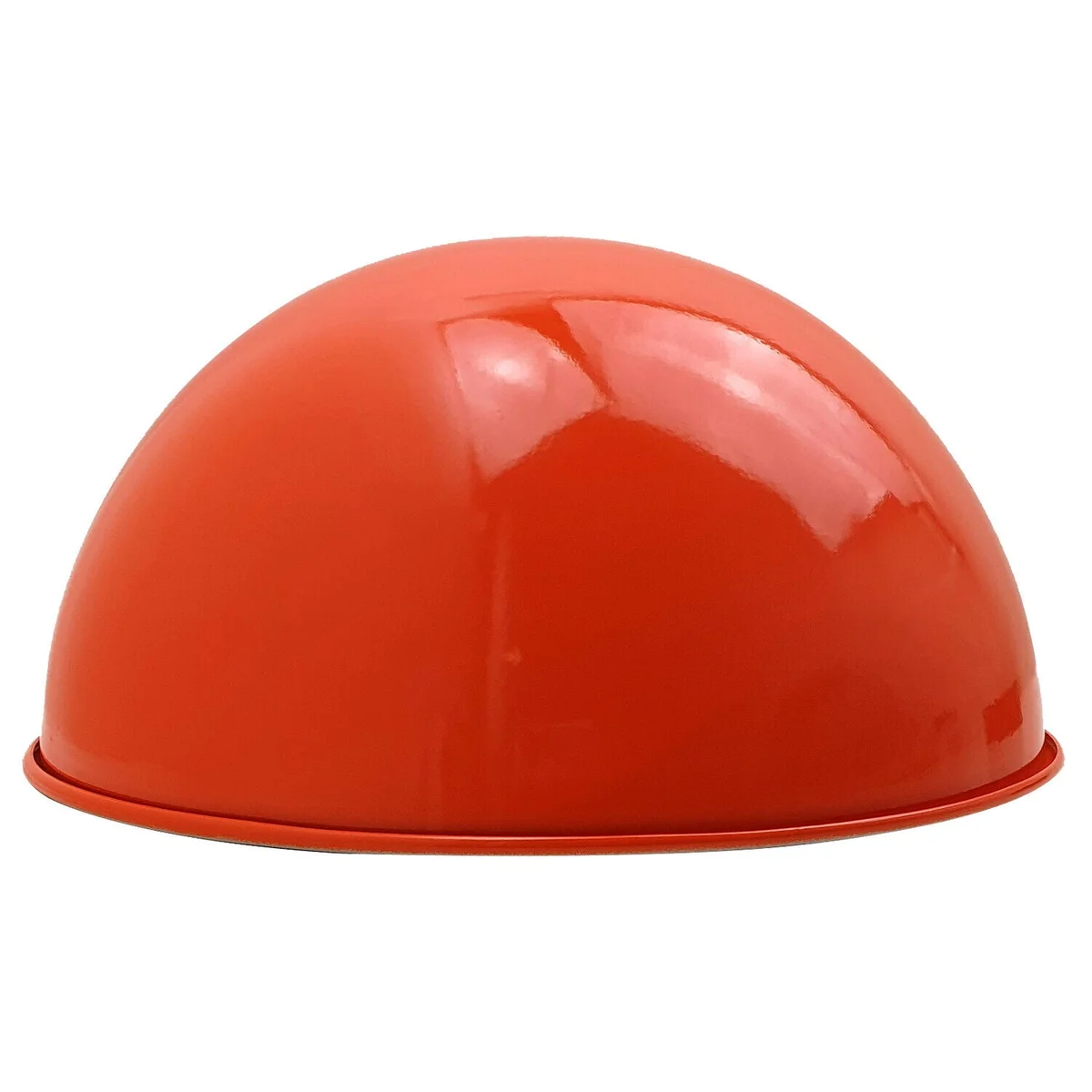 Orange metal dome ceiling light shade with brushed nickel finish and white interior, shown angled for sloped ceiling installation