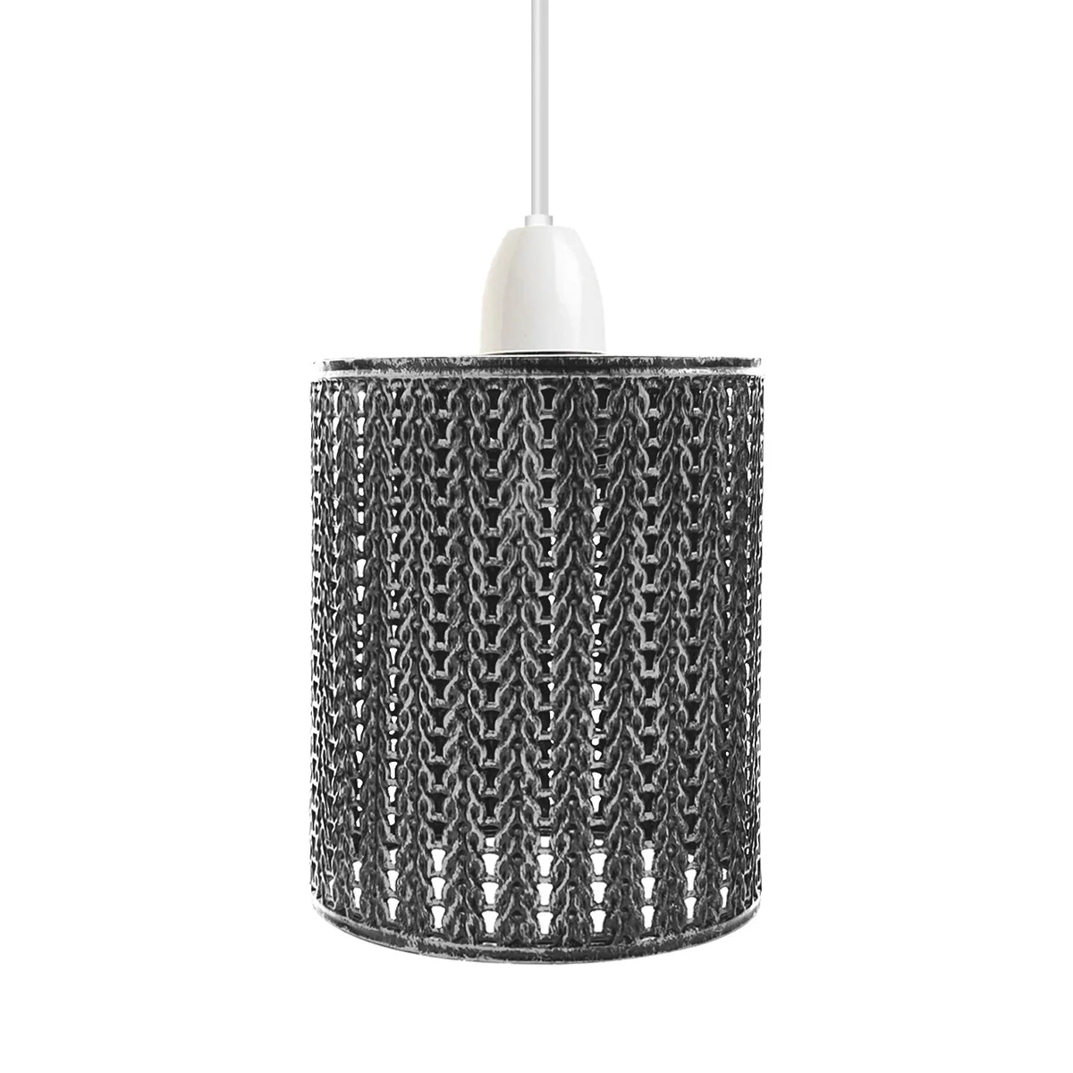 Brushed silver metal wire drum lampshade shown hanging, showcasing industrial ceiling pendant design and open cage style