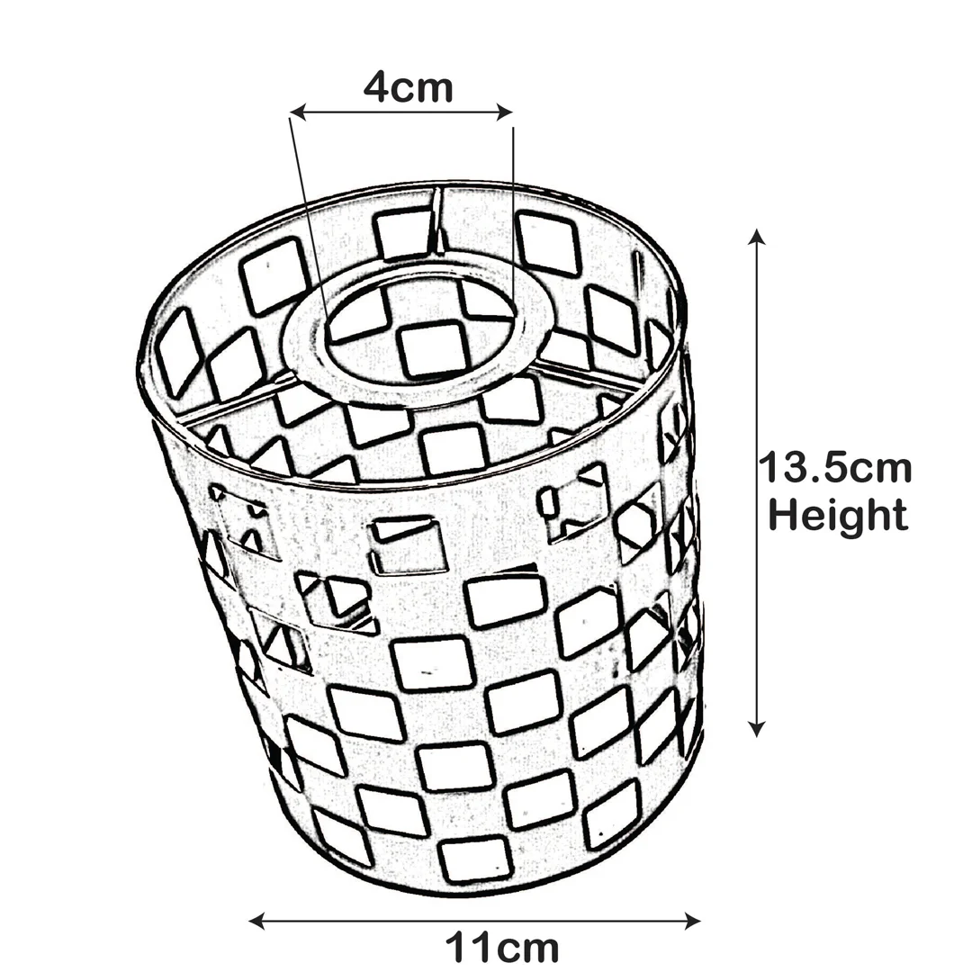 White industrial drum lampshade with open metal wire cage design, sturdy finish, shown from side angle on white background