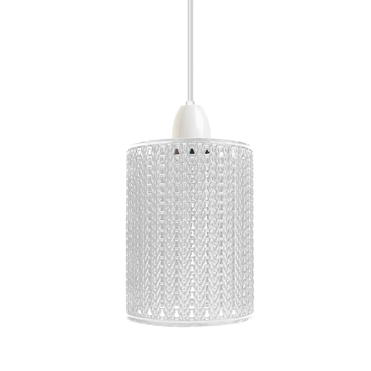 White industrial metal lamp shade with open wire cage design, drum shape, and sturdy construction for ceiling fitting