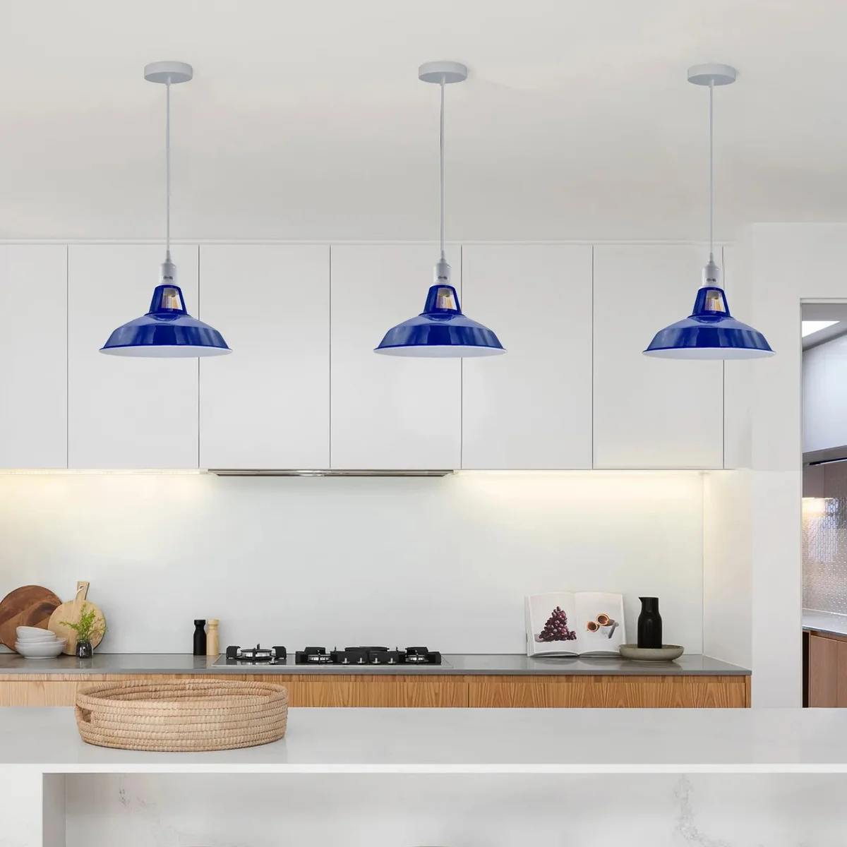 Navy blue pendant light with barn-slotted metal shade and adjustable 95cm cable for indoor ceiling mounting