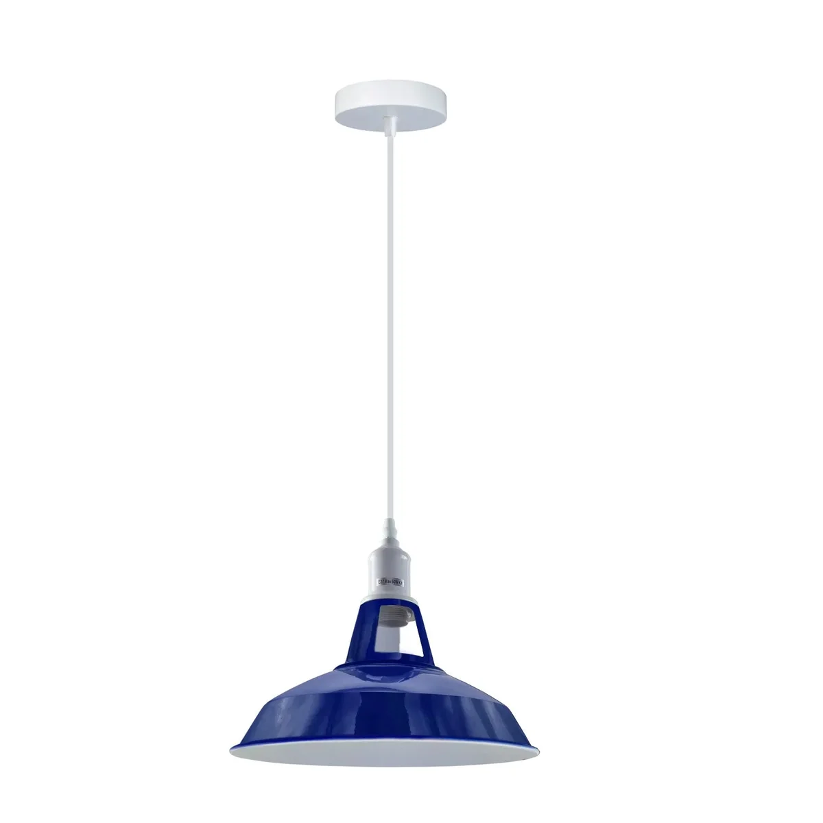 Vintage ceiling light with navy blue solid metal shade and adjustable hanging cord, suitable for indoor use