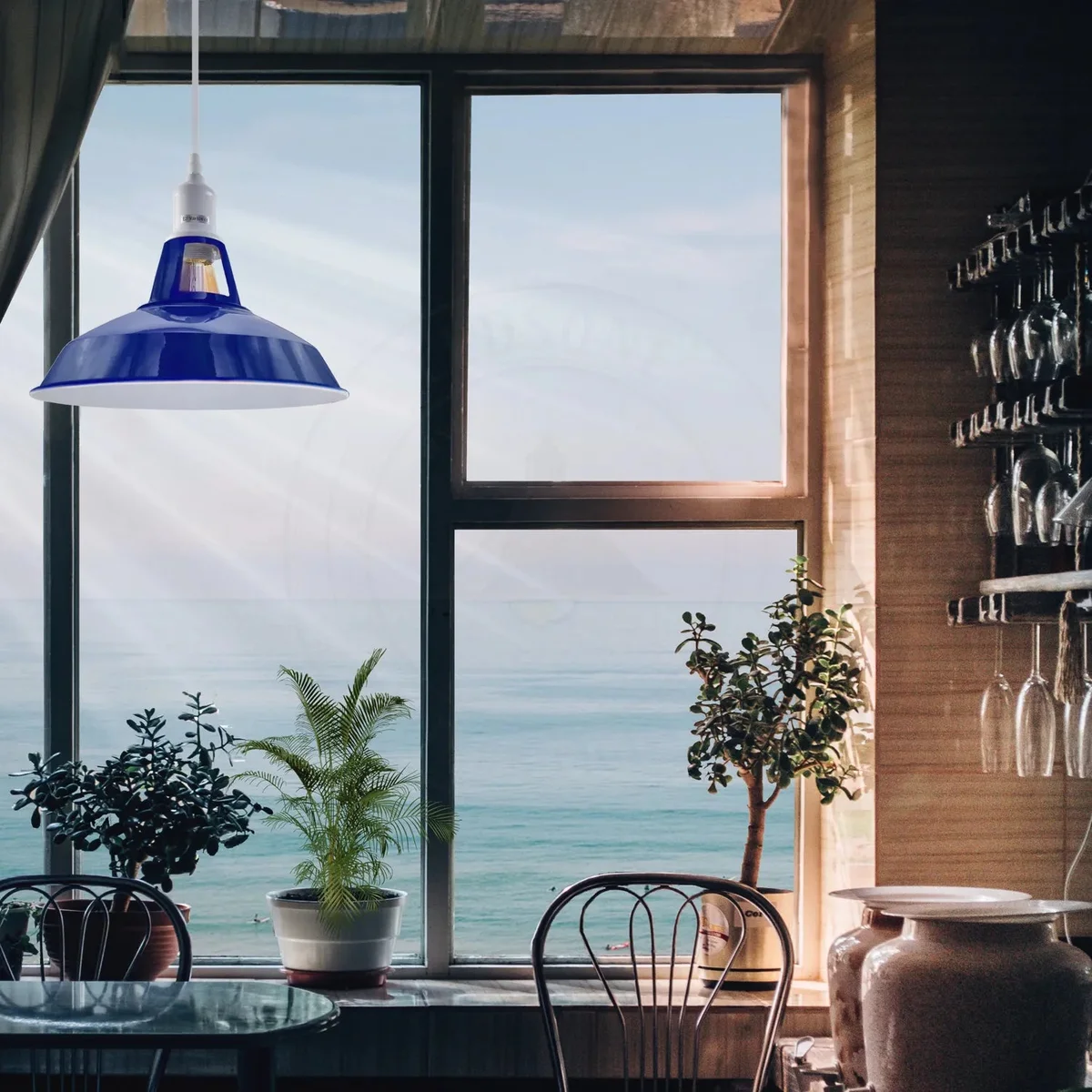 Navy blue solid shade E27 pendant lamp with adjustable 95cm cable and metal ceiling rose, vintage style ceiling light