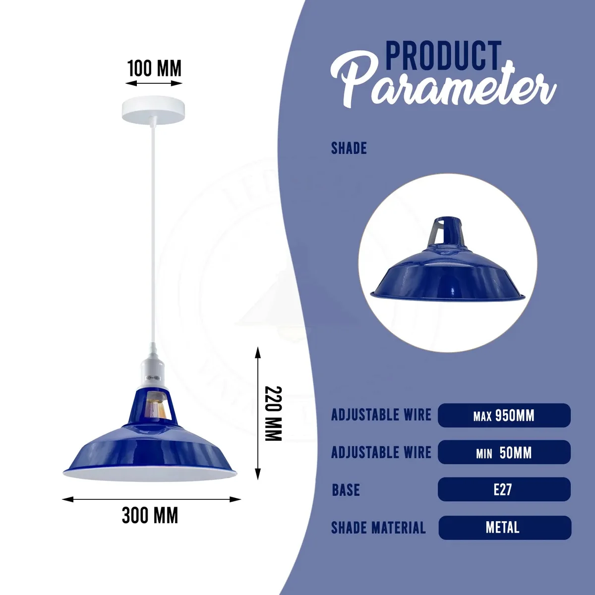 Navy blue barn-slotted pendant light with adjustable cable light hanging from ceiling, metal shade and E27 bulb holder visible