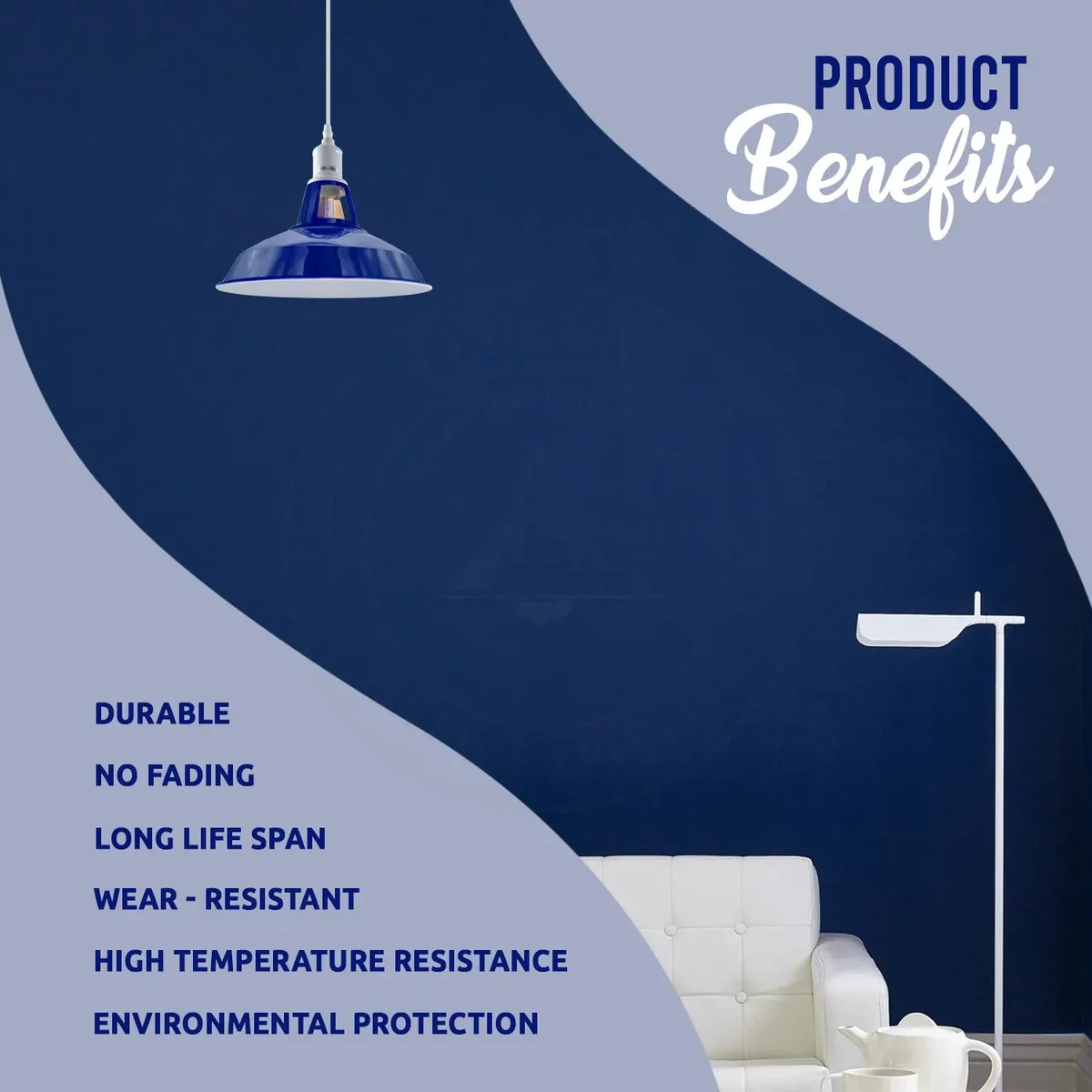 Navy blue indoor metal pendant light with slotted barn-style shade and adjustable 95cm hanging cable against white background
