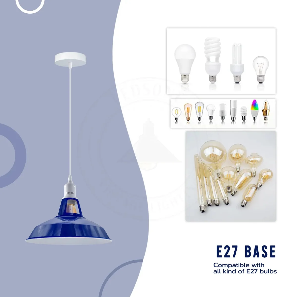 Navy blue pendant light with solid shade, vintage style, adjustable 95cm cable, and E27 lamp holder for indoor ceiling use